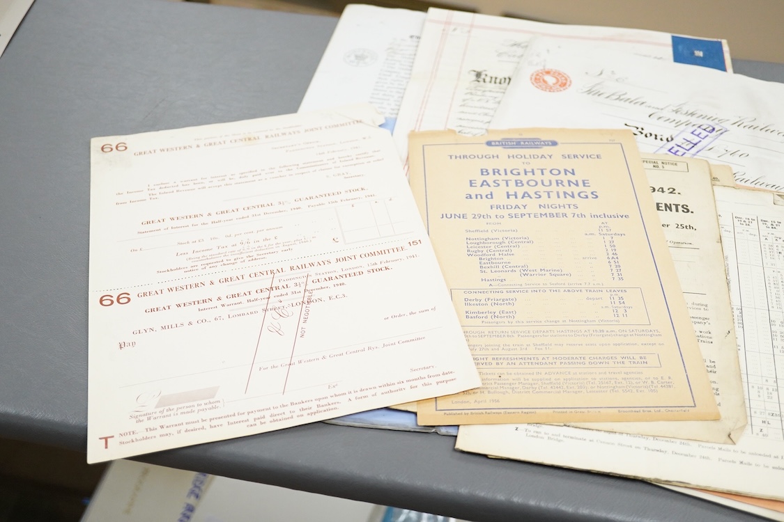 Railway related documents including; a GWR season ticket flyer dated 1854, a Southern Railway instruction booklet for drivers, firemen and guards, share certificates, 1940s and 50s temporary timetables, a Festiniog Railw